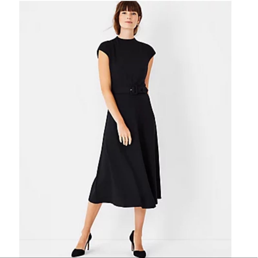 NWT Ann Taylor Mock Neck Cap Sleeve Belted Midi Flare Dress - Black - size 2